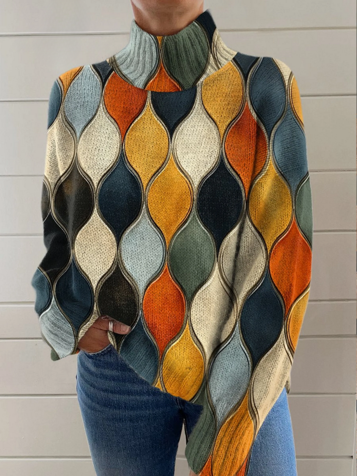 Abstract pattern of wavy lines and ovals - decorative turtleneck sweater